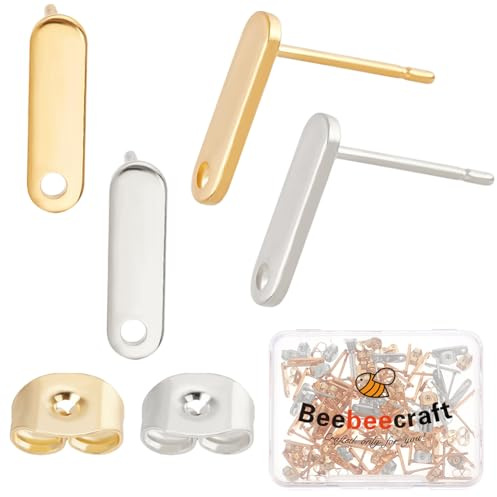 Beebeecraft 1 Caja de 60 Pendientes Rectangulares de Acero Inoxidable Chapados En Oro de 2 Quilates con 24 Colores Y 60 Tuercas para Mujer Ideal para Hacer Joyas Y Manualidades
