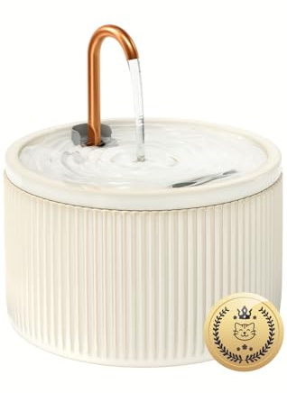 Misfans Fontaine a Eau Chat 2.1L en céramique avec Tube en cuivre Anti-algues, Fontaine à Eau pour Chat silencieuse avec Filtre, Facile à Nettoyer, Design Relief, Beige