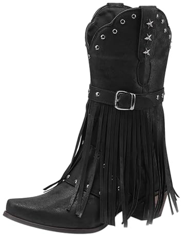 Generisch Cowboystiefel Damen Mittel Hoch Westernstiefel Damen Fransen, | Vintage Fransenstiefel Mit Blockabsatz Halbstiefel Herbst Winter Übergangsstiefel Winterstiefel Cowgirl Stiefel