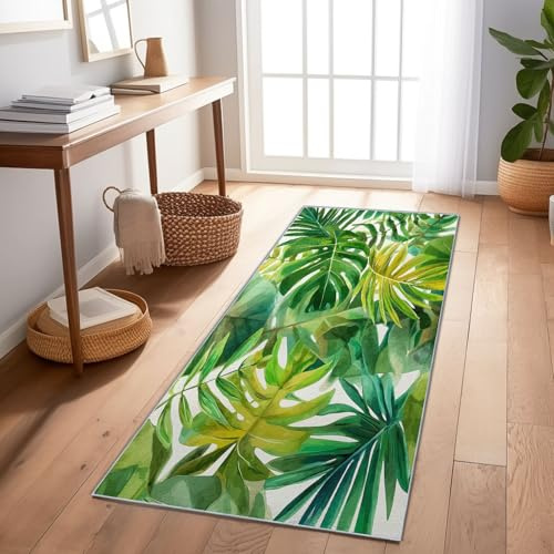Teppich Läufer Flur 65 x 240 cm Waschbar Küchenläufer - Aquarell Tropen Pflanzen Monstera-Blätter rutschfest Läufer Lang für Küche Wohnzimmer, Grün Kurzflor Dekor Schlafzimmer Eingangsbereich Büro