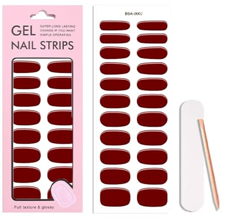 22Pcs Classic Red Gel Nail Wraps - Pre-Cured No Lamp Needed Self-Adhesive Nail Stickers for DIY Home Manicure - Vibrant Red Nails, Long-Lasting Glossy Finish, Easy to Apply & Remove