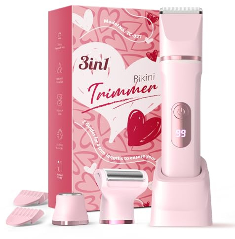 Lady Shavers for Women,3-in-1 Bikini Trimmer Women, LED Display, Razors Women, IPX7 Waterproof Wet & Dry, Pubic Hair Trimmer, Ceramic Blade, USB Charging Dock, Pink