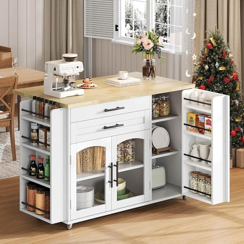 DRIXNO Küchenwagen mit Rollen, Kücheninsel Freistehend mit Arbeitsplatte Klappbar, 5 Rädern, Servierwagen mit Gewürzregal und Besteckschublade, für Küche, Esszimmer, Outdoor, 120x45(70) x90 cm, Weiß
