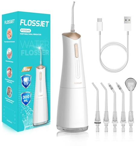 FlossJet Jet Dentaire Hydropulseur,Water Flosser 4 Modes IPX7 Sans Fil | Irrigateur Oral 300ML,Livré Avec 5 Buses Rotatives À 360°,Recharge USB-C,Portable Idéal Pour Voyages Et Usage Quotidien