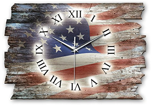 Kreative Feder Designer Wanduhr USA Flagge aus Holz Größe 40x27cm - Wanduhr im Landhaus-Stil Shabby-Style Made in Germany leise ohne Ticken (USA Flagge, leises Funkuhrwerk)