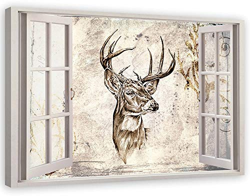 Feeby Leinwand Bilder - Bild Wohnzimmer - Fensterblick Hirsch Shabby Chic Beige - 120x80 cm XXL 1tlg - Deko Schlafzimmer Groß - Dekoration Canvas - Gemälde - Modern Wandbilder - Kunstdruck