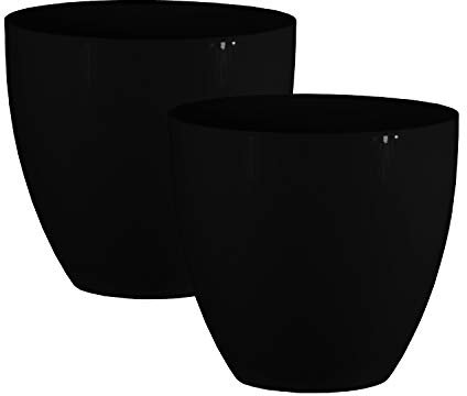 Avant-Garde Gloss Plastic Planter - Black, Set of 2 Pots - 21cm (H) x 23cm (Dia) - Suitable for Indoor or Outdoor Use.