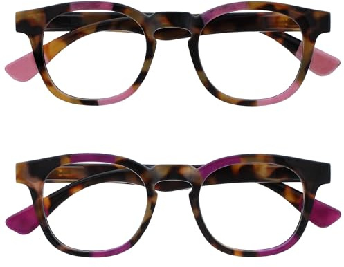 OPULIZE Ava Reading Glasses 2 Pack Flattering Rounded Frame Spring Hinges Scratch Resistant Brown Tortoiseshelll Pink Purple Mens Womens RR62-45 +2.50