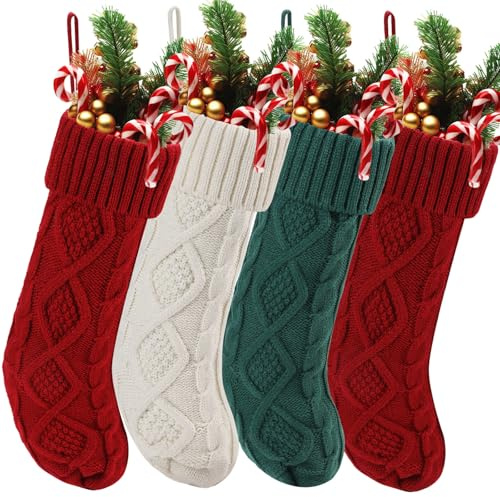 Knitted Christmas Stockings Large 18 Inch Xmas Double-Sided Rhombus Grid Cable Stocking Fireplace Christmas Tree Decor Standard Hanging Stockings Red White Green 4 Pack