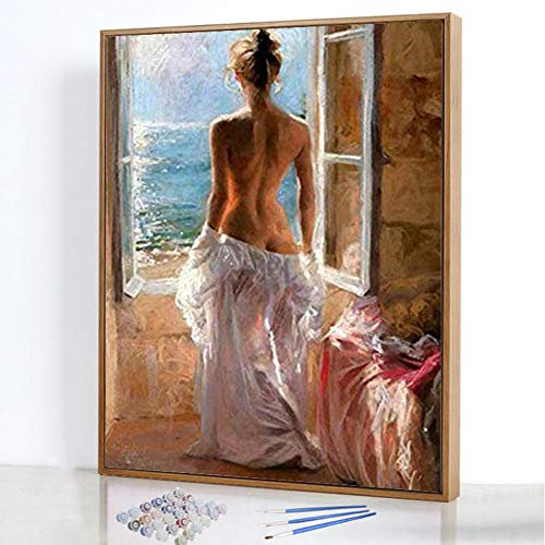 Malen nach Zahlen Erwachsene Kinder Anfänger DIY Handgemalt Ölgemälde Kits auf Leinwand mit Pinsel-Leinwand Geburtstag Weihnachten Geschenk Dame in Gaze - 40x50 cm(Holzrahmen)