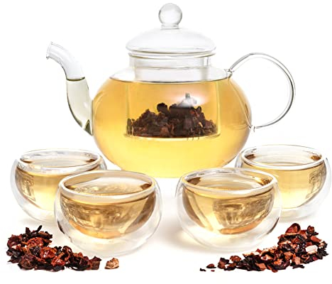 Moss & Stone - Juego de 9 infusor de té de cristal de borosilicato con colador de vidrio extraíble, tapas, 4 tazas, base de calefacción y vela