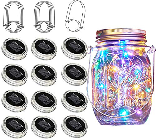 Upgraded Solar Mason Jar Lights, 12 Pack 30 LED Mason Jar Lid Lights(No Jar), Waterproof Fairy Firefly String Lights with Hangers for Mason Jar Patio Yard Garden Wedding Decoration (4 Colors)