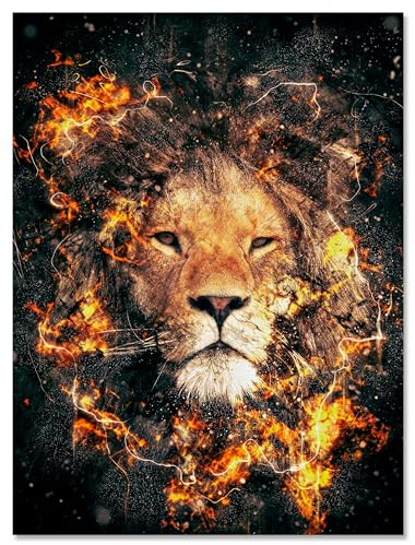 wandmotiv24 Leinwandbild Löwen, Hochformat, Löwe in Feuer & Flamme M0191