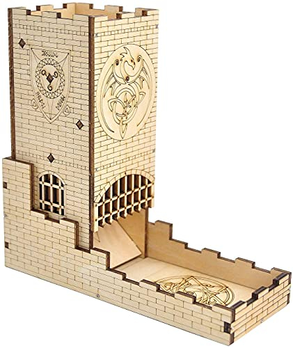 VIIPHA Castle Würfelturm mit Tablett, Holz, lasergeschnitten, Drachenschnitzerei, einfacher Roller, perfekt für Brettspiel, D&D und RPG