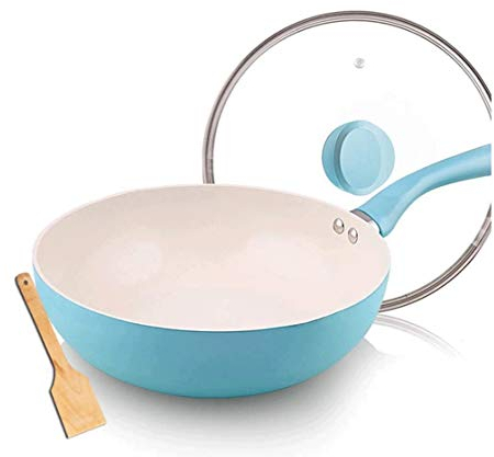 SMSOM Wok cinese wok antiaderente wok wok wok a induzione e padelle friggere con coperchio in vetro 12,6 pollici, 28 cm blu