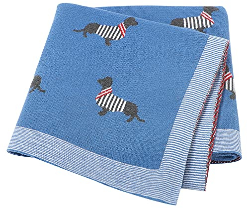 LAWKUL Babydecke 100% Baumwolle Weich Gestrickt Babydecken für Neugeborene Jungen Mädchen Dackel Wursthund 100x80cm Jean Blau