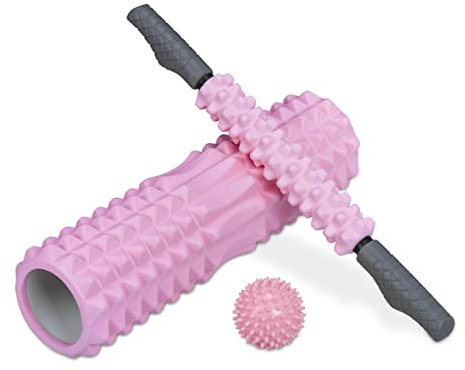 Relaxdays Faszienrolle 3er Set, Massagerolle, Faszienstab, Igelball, mittelhart, mit Noppen, Nacken, Rücken, Beine, rosa