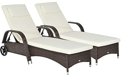 Outsunny Conjunto de 2 Tumbonas de Ratán de Jardín Chaise Longue con Respaldo Ajustable en 5 Posiciones Cojines Acolchados Reposacabezas y 2 Ruedas 200x73x56-103 cm Crema y Marrón