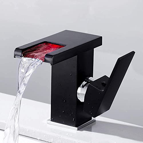 LED Wasserhahn Bad Wasserfall Waschbecken, Waschtischarmatur mit RGB 3 Farbwechsel, Beleuchteter Glas LED Wasserhahn für Badezimmer (Schwarz, Chrom)