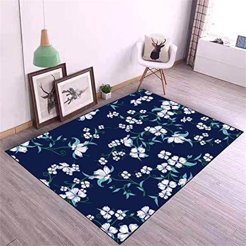 Badteppich Deko Terasse Rutschfester Blauer Teppich Im Wohnzimmer Mit Weißem Blumendruckmuster Im Modernen Stil Teppich Wohnzimmer 100X200CM