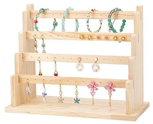 PH PandaHall Porte de Boucles d'oreilles en Bois Présentoir à Bijoux 4 Niveaux Présentoir à Clous d'oreille 48 trou Organisateur de Bracelet Porte-bijoux Suspendu pour Femme Bijoux Été Vente au Détail