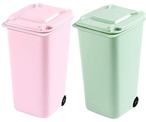 TAIANJI 2 Piezas Mini Papelera Escritorio, Papelera de Sobremesa con Ruedas, Portabolígrafos Multifuncional Mini Papelera de Plástico, Papelera Sobremesa con Tapa Despacho Polvorín (2 Colores)