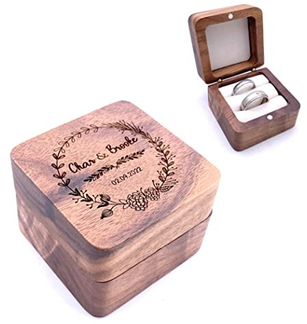 Square Double Ring Box - Engraved Wood Ring Bearer Box for Wedding Ceremony, Proposal or Engagement Ring Box Gift, Storage for 2 Rings