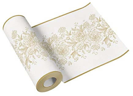 PAW - Tischläufer aus Airlaid (40 cm x 24 m) I Tischdeko für Kommunion, Konfirmation, Hochzeit, Geburtstag, Gartenparty, Taufe I Tischband - Blumen, Blätter, Gold I Farbe: Rose Peonies