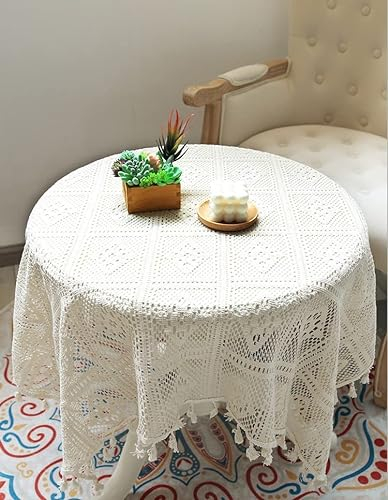 HeichkelL Vintage Spitzentischdecke Quaste Tischdecke Quadratisch Häkelspitze Deckchen Lace Tischtuch Hochzeit Küche Party Dekor Beige 60 x 60 cm