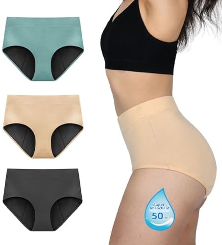 TIICHOO Culotte Menstruelle Flux Abondant Femme Taille Haute Absorbante Anti-Fuite pour Regle Lot de 3(L, Gris/Beige/Vert Turquoise)