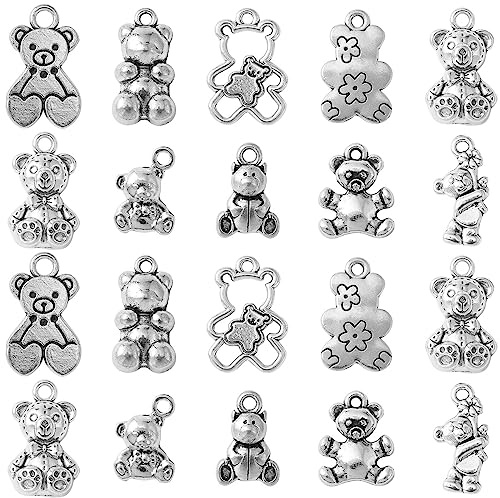 Stiesy 100 piezas, 10 estilos, dijes de oso de plata antigua, estilo tibetano, lindos dijes de animales, dijes de oso kawaii, joyería colgante, a granel, para hacer pulseras, joyería, manualidades DIY