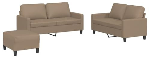 vidaXL Sofagarnitur 3-TLG., Sessel Couch mit Kissen Fußhocker, Sofa Wohnzimmersofa mit Armlehnen, Couchgarnitur Designsofa Sitzmöbel Polstermöbel, Cappuccino-Braun Kunstleder