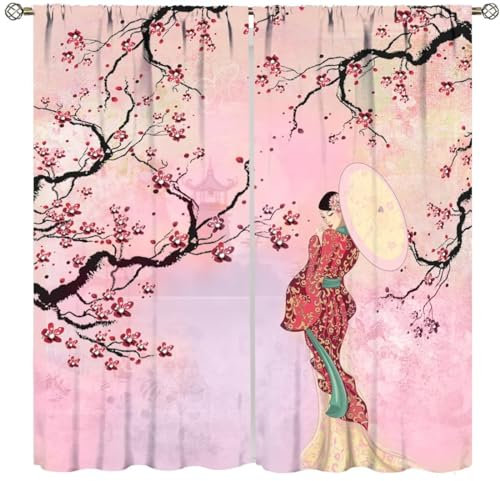 SXXLDNG Japanische Geisha-Vorhänge, asiatischer Stil, rote Pflaumenblüte, Tintenmalerei, Fensterbehandlungen für Mädchen, Schlafzimmer, Wohnzimmer, Küche, Stangentasche, Fenstervorhänge, 2-teiliges