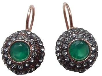Grüne Achat-Ohrringe Sterling-Silber vergoldet Rot-Vergoldung 18 Karat Strass glänzend Brisur Jugendstil festlich elegant Geschenk Handarbeit Italien