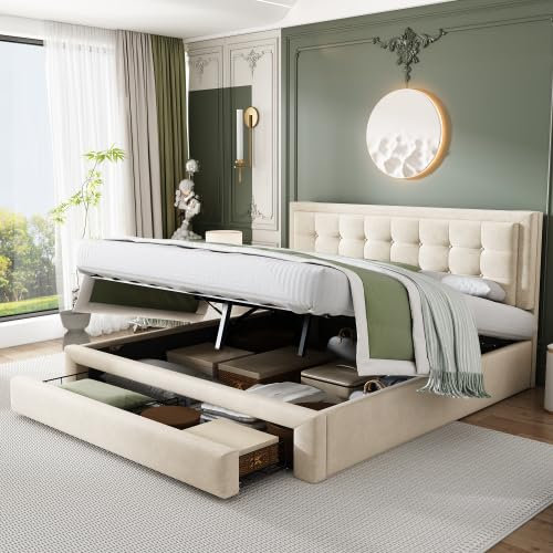 Bgsryao Lit capitonné 160 x 200 cm, Tissu Velours, avec sommier à Lattes et Grands rangements, Beige (Matelas Non Inclus)