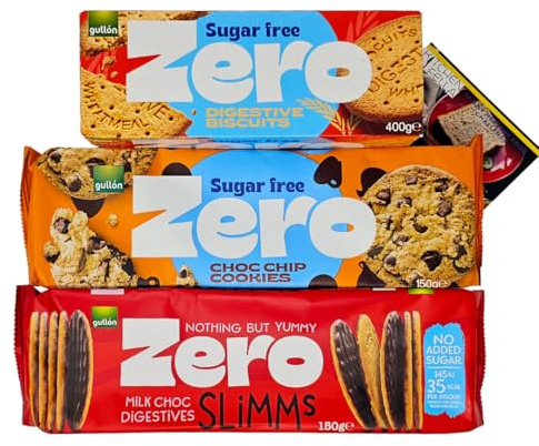 Gullon Sugar Free Biscuits Bundle – Choc Chip Cookies 150g, Digestives 400g, Milk Choc Digestives Slimms 150g + Kitchen Fella 14-Day Healthy Eating Plan – No Added Sugar, High Fibre