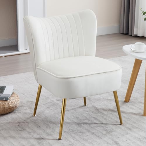 chairus Samt Polsterstuhl mit Metallbeinen Gepolsterter Einzelsofa Moderner Lesesessel für Balkon Wohnzimmer (Beige-1er)