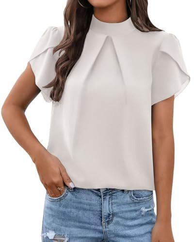 Arevill Camicia da donna a maniche corte, estiva, colletto alto, in chiffon, casual, plissettata, elegante, con volant, camicia da donna, tinta unita, bianco, L