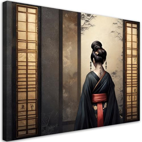 Feeby - Leinwandbild - Japanische Geisha - 90x60 cm - Deko Wohnzimmer, Schlafzimmer - Wandbilder XXL