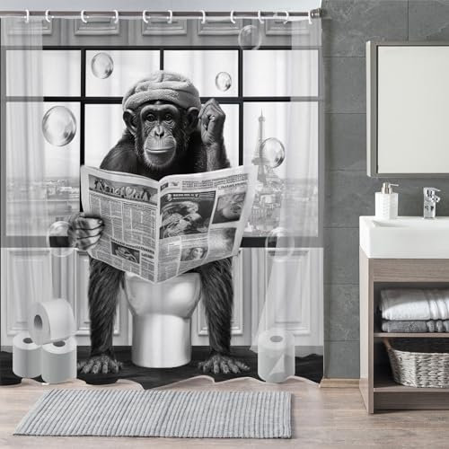 LKFBSC Lustiger Affen-Duschvorhang, schwarz-weiß, lustiges Tier-Lesen, Zeitung auf WC, Badezimmer-Vorhänge, 183 x 183 cm, humorvolles Duschvorhang-Set, grauer Badezimmer-Dekor-Vorhang mit Duschhaken