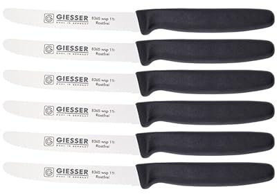 Giesser Messer - Made in Germany - 6er Set Brötchenmesser Tomatenmesser Küchenmesser Allzweckmesser Universalmesser Gemüsemesser 3mm Wellenschliff Klingenlänge 11cm (Schwarz)