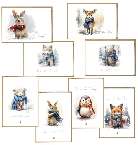 BIROYAL 16 Stück Weihnachtskarten mit Umschlag Set - A6 Klappkarten Weihnachten - 8 Tiere Motiven Weihnachtskarten Set - Christmas Card - Weihnachtsgrußkarten - leere Innenseite Weihnachtspostkarten