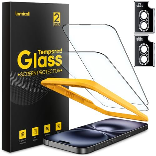 Lamicall 2+2 for iPhone 16 Plus Screen Protector (6.7) with Camera Lens Protector, [Top 9H Tempered Glass Film], Easy Alignment, Anti-Scratch, 0 Bubbles, HD Clear for iPhone 16 Plus - 2 Pack Each