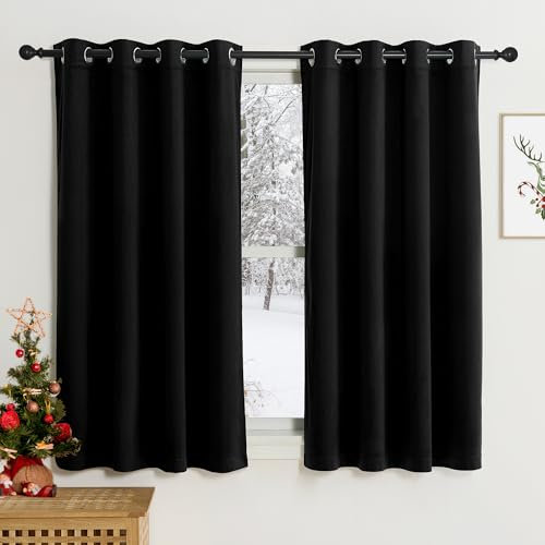PONY DANCE Black Velvet Curtains 54 Drop - Thermal Insulated Blackout Curtains Room Darkening Luxury Velvet Drapes for Living Room/Bedroom/Kitchen Small Windows, 46x54 Inches, 2 Panels