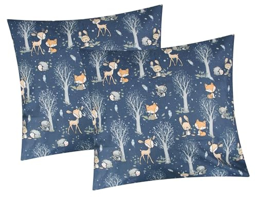 Renforcé Kissenbezug - 2er Set in 40x40cm - Rehe, Bäume, Waldtiere - Kopfkissen-Bezug, Kissenhülle, Dekokissenbezug 100% Baumwolle Kinder (KY-Rehe-Waldtiere-40x40)