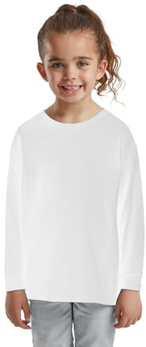 HiFEN® Kids Plain Basic Long Sleeve Round Neck Cotton T-Shirt Stretchy & Comfortable PE School Tee Top Age 3 to 15 Years White