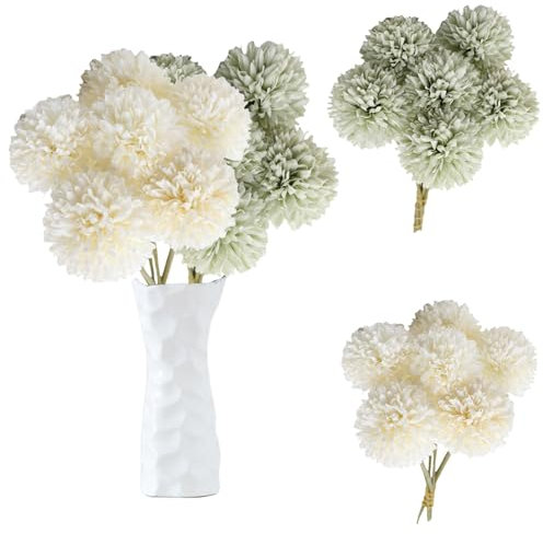 astylishome Hydrangea Artificial Flowers 12 Pcs Fake Ball Flower Bridal Wedding Bouquet for Home Garden Party Office Coffee House Decorations White Green 2216