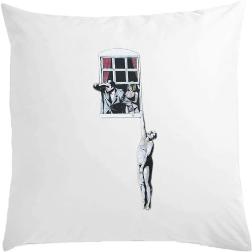 Banksy Street Art Kissen zum Aufhängen am Fenster, 40 x 40 cm, mit Füllung, Weiß