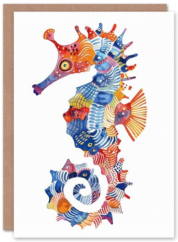 Artery8 Colourful Pattern Watercolour Seahorse Folk Art Blank For Him Or Her Art Birthday Card