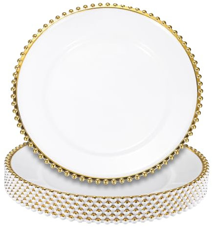 sourcing map Lot de 6 assiettes de présentation rondes en plastique transparent de 33 cm avec bordure en perles pour fête de mariage, événement, décoration de table, doré sur blanc
